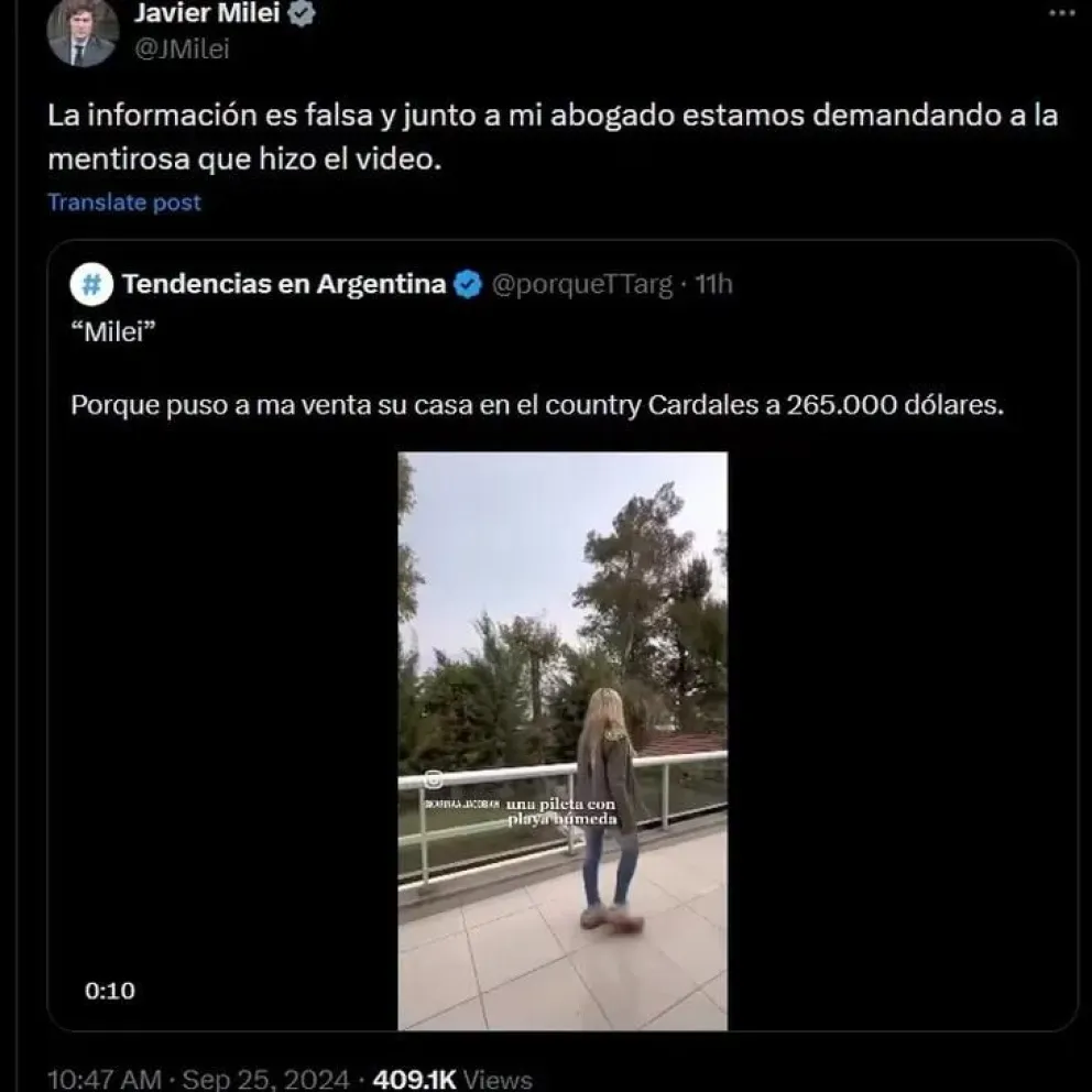 Javier Milei demandará a una influencer inmobiliaria por usar su nombre para vender una casa 